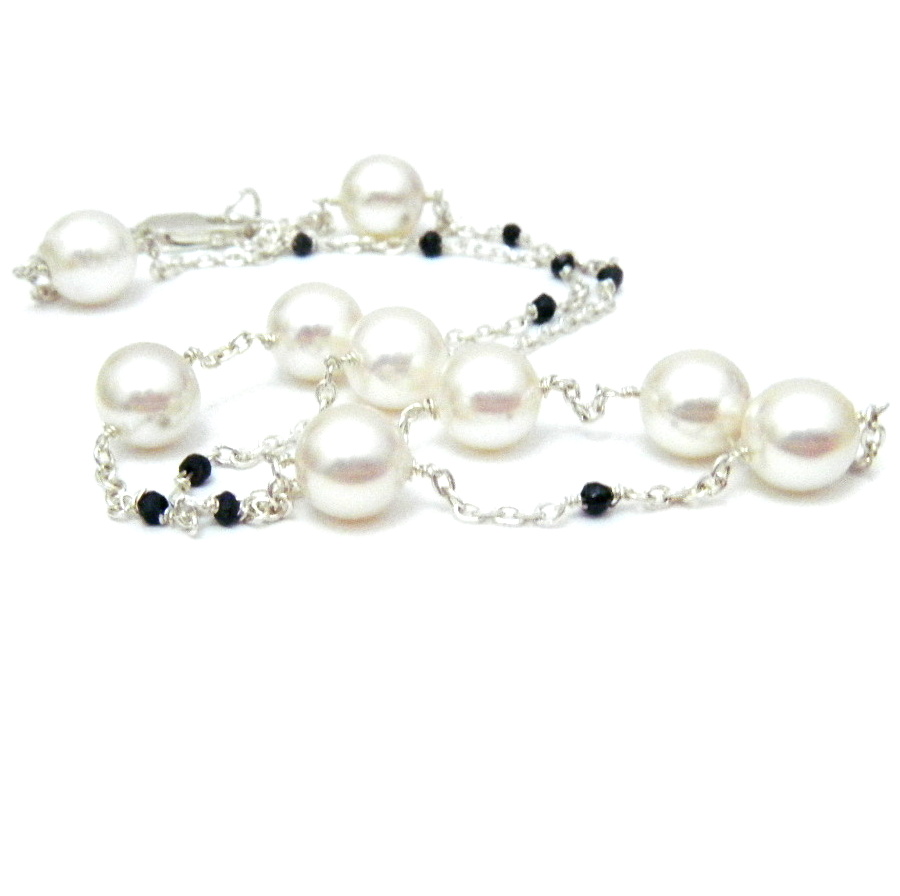White Akoya and Black Spinels Station Necklace